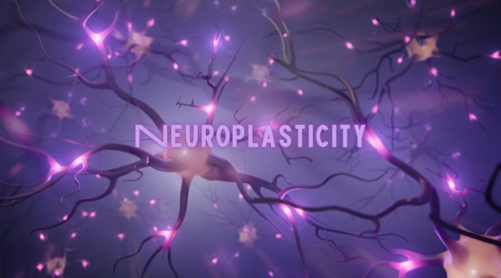 Neuroplasticity brain neurons vibrant purple sci-fi art for marketing innovation.
