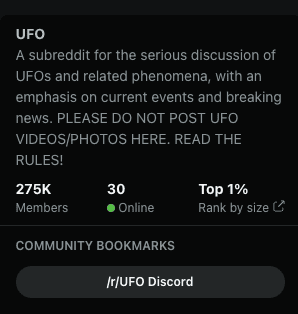 redditlist says the UFO subreddit grew by 3.55% over the last 24h