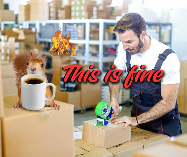 Hot glue gun and worker packaging boxes in warehouse with squirrel and coffee mug with flames.