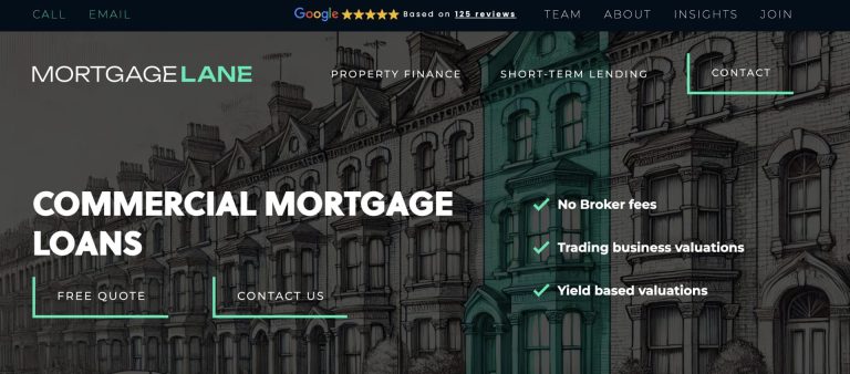 Modern commercial mortgage loan website homepage showcasing property loans and business financing solutions.